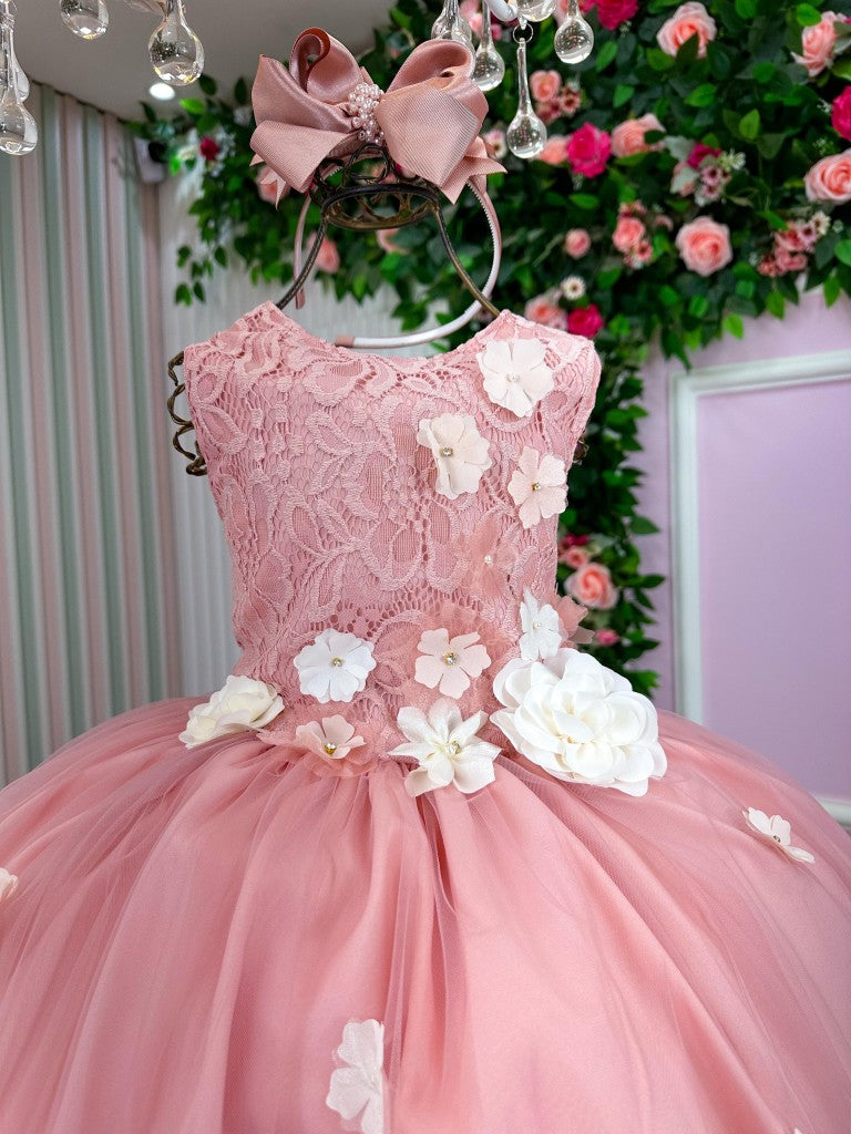 Vestido Juvenil Flores em Tecido de Poliester Rosa