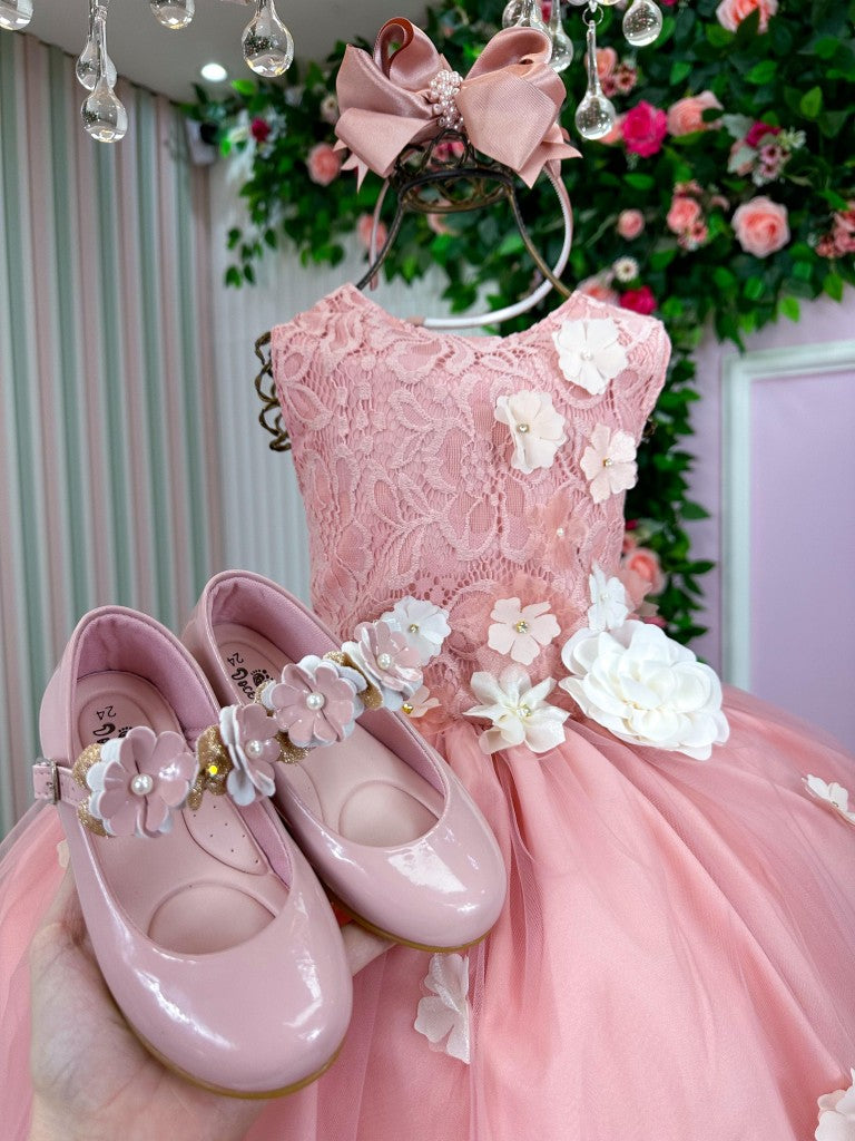 Vestido Juvenil Flores em Tecido de Poliester Rosa