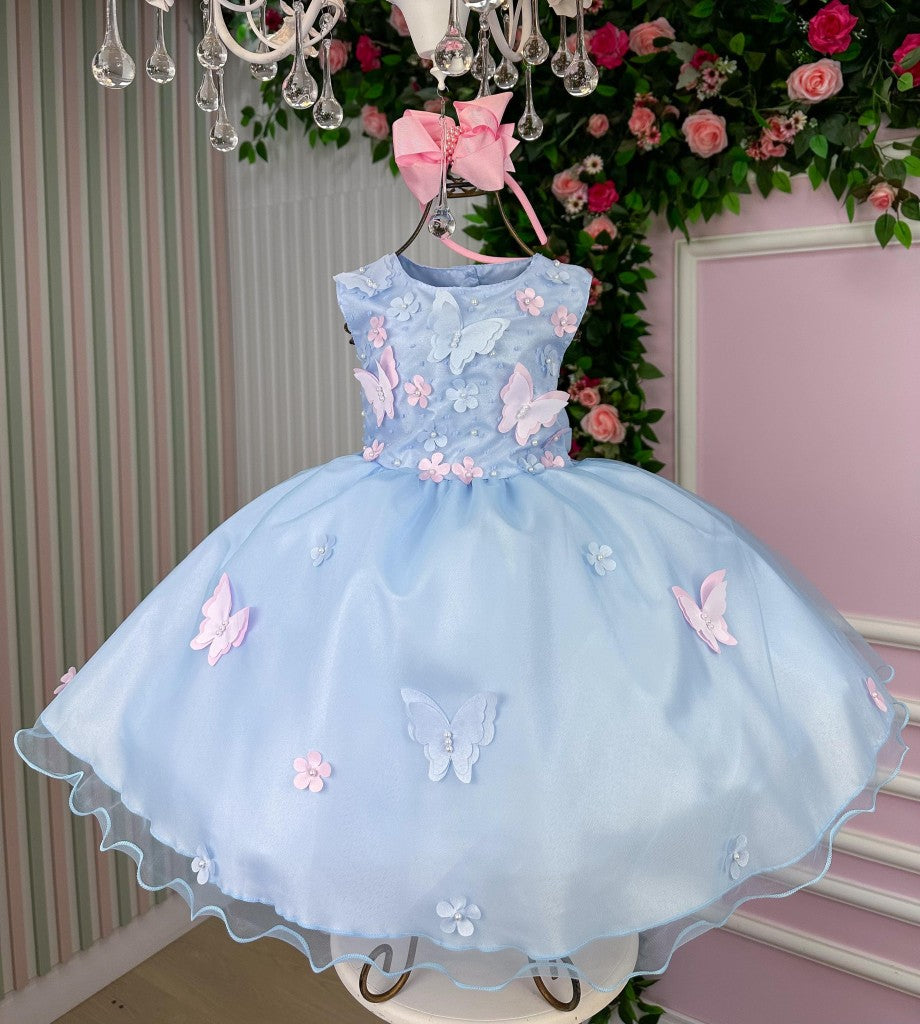 Vestido Azul Bebê Jardim das Borboletas com Laço e Forro Confortável