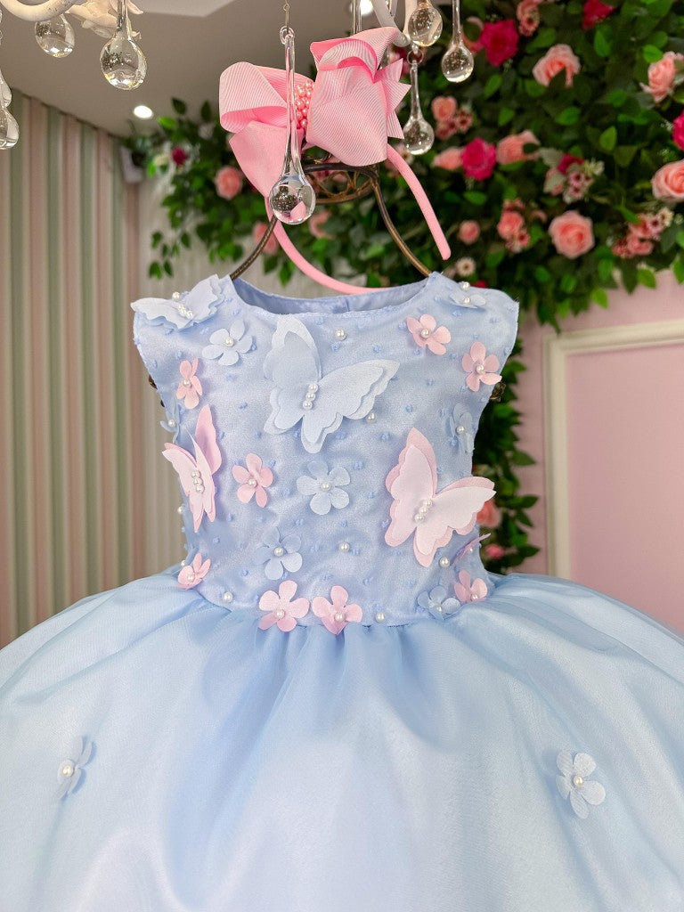 Vestido Azul Bebê Jardim das Borboletas com Laço e Forro Confortável