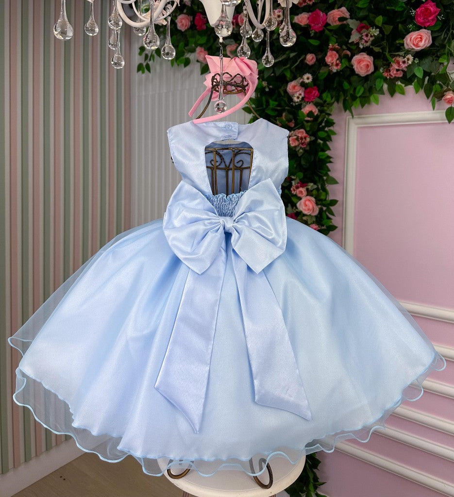 Vestido Azul Bebê Jardim das Borboletas com Laço e Forro Confortável
