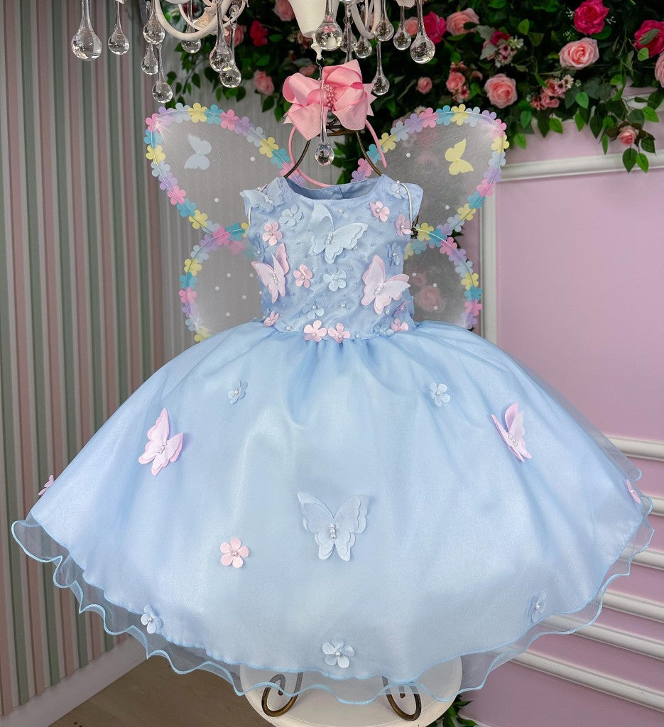 Vestido Azul Bebê Jardim das Borboletas com Laço e Forro Confortável