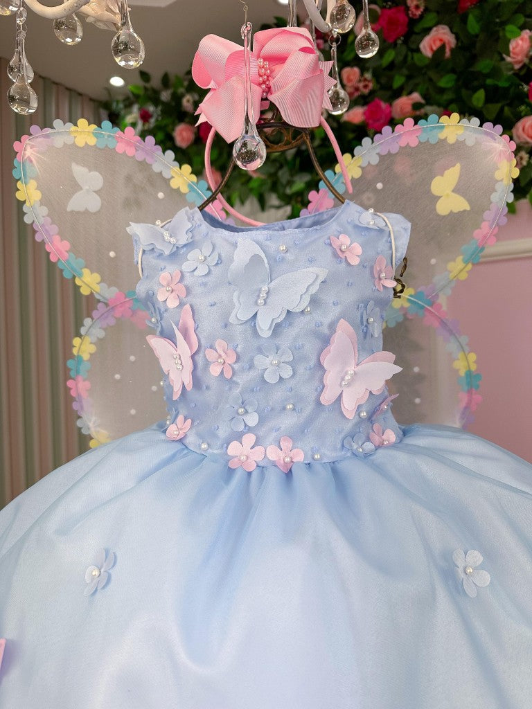 Vestido Azul Bebê Jardim das Borboletas com Laço e Forro Confortável