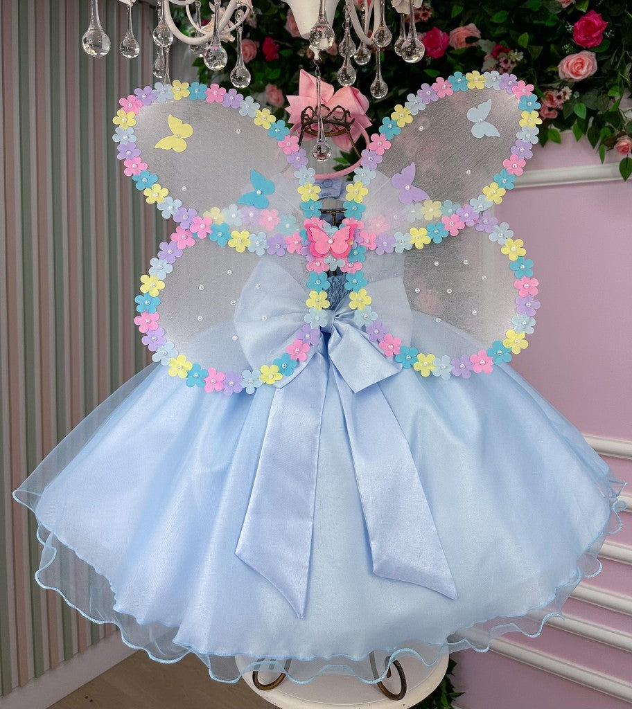 Vestido Azul Bebê Jardim das Borboletas com Laço e Forro Confortável