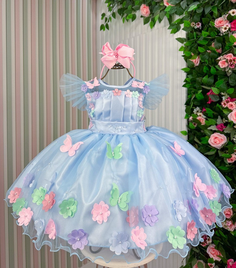 Vestido Azul Luxinho Jardim Encantado com Apliques de Flores e Borboletas