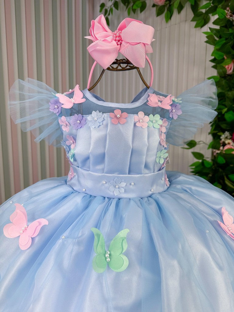 Vestido Azul Luxinho Jardim Encantado com Apliques de Flores e Borboletas