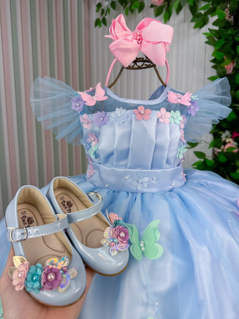 Vestido Azul Luxinho Jardim Encantado com Apliques de Flores e Borboletas