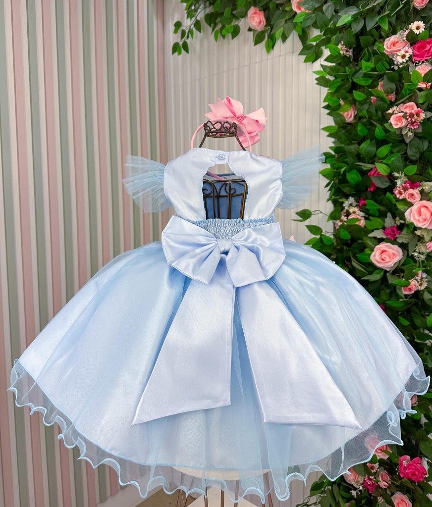Vestido Azul Luxinho Jardim Encantado com Apliques de Flores e Borboletas