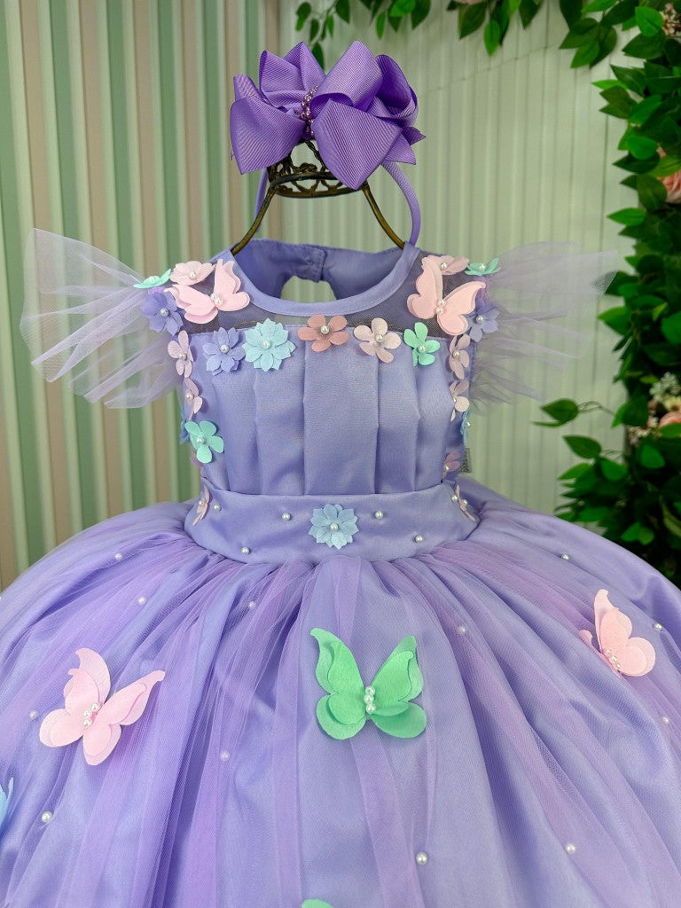 Vestido Lilás de Tule com Apliques de Flores e Borboletas para Crianças
