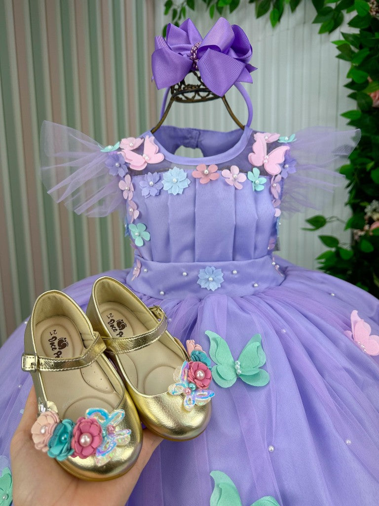 Vestido Lilás de Tule com Apliques de Flores e Borboletas para Crianças
