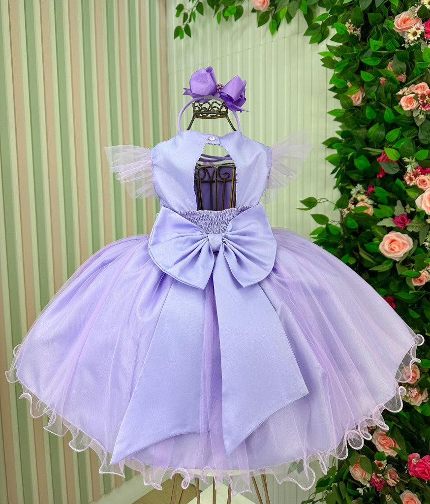 Vestido Lilás de Tule com Apliques de Flores e Borboletas para Crianças