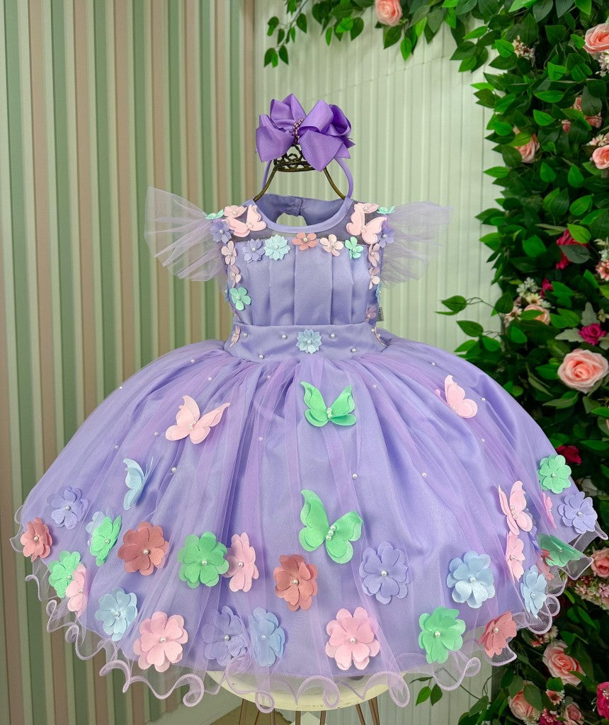 Vestido Lilás de Tule com Apliques de Flores e Borboletas para Crianças