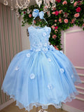 Vestido Infantil Azul Bebê em Tecido de Poliéster com Flores