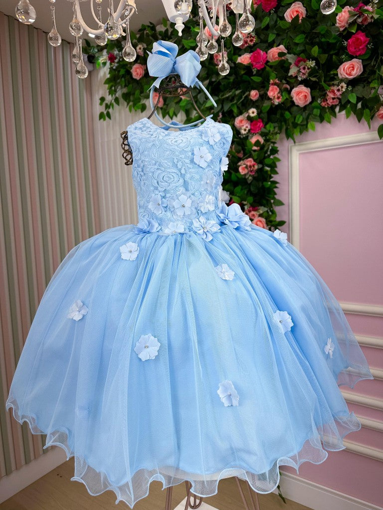 Vestido Infantil Azul Bebê em Tecido de Poliéster com Flores
