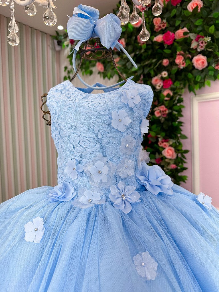 Vestido Infantil Azul Bebê em Tecido de Poliéster com Flores