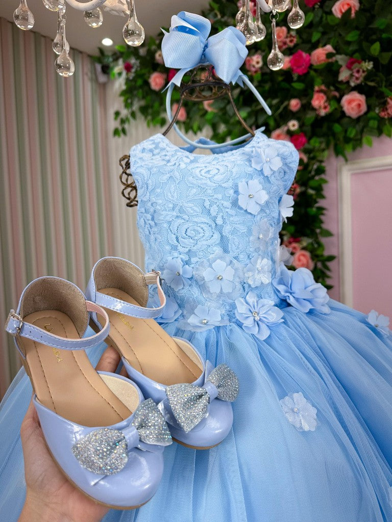 Vestido Infantil Azul Bebê em Tecido de Poliéster com Flores