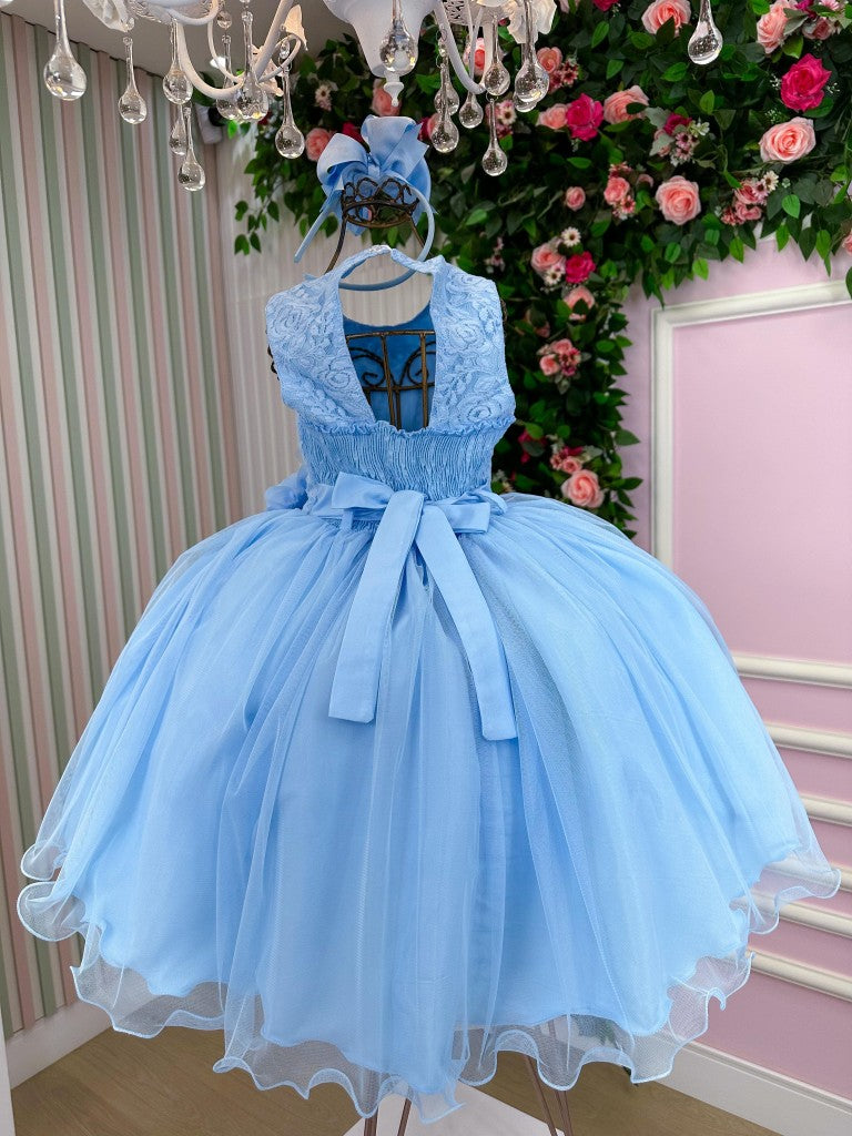 Vestido Infantil Azul Bebê em Tecido de Poliéster com Flores