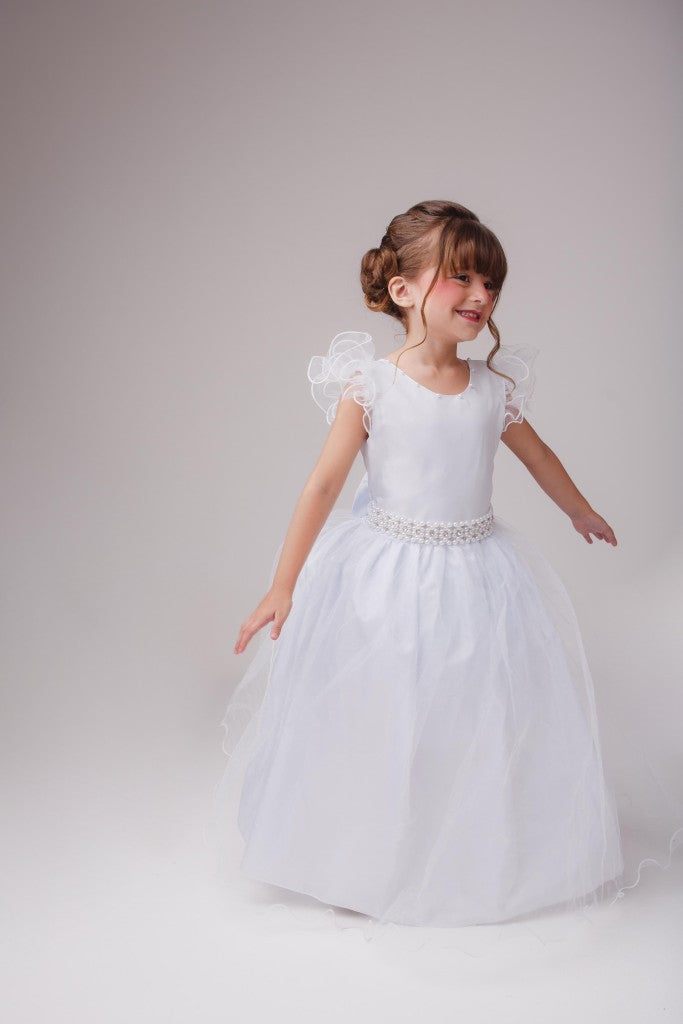Vestido Longo Branco Amanda em Tule com Cinto de Pérolas