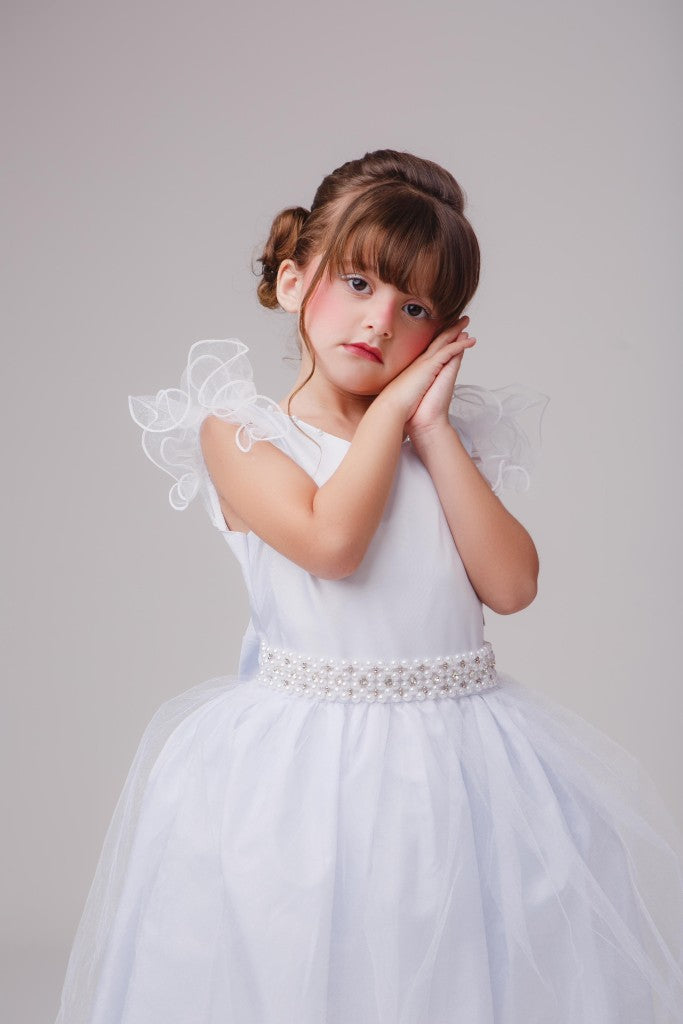 Vestido Longo Branco Amanda em Tule com Cinto de Pérolas