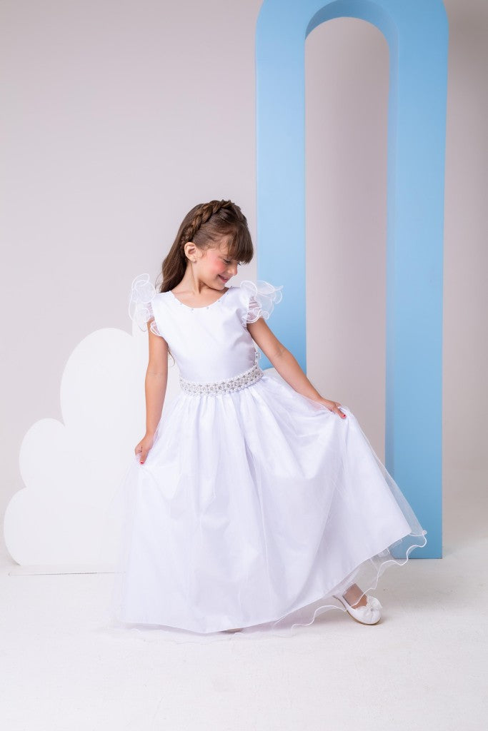 Vestido Longo Branco Amanda em Tule com Cinto de Pérolas
