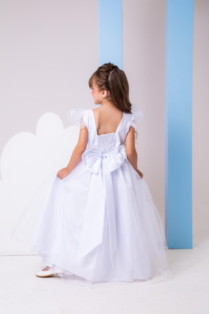 Vestido Longo Branco Amanda em Tule com Cinto de Pérolas