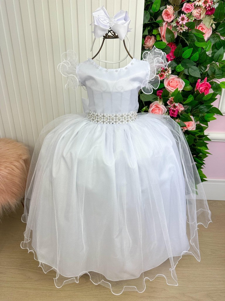 Vestido Longo Branco Amanda em Tule com Cinto de Pérolas