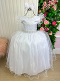 Vestido Longo Branco Amanda em Tule com Cinto de Pérolas