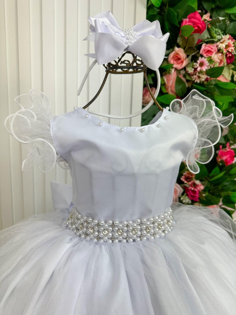 Vestido Longo Branco Amanda em Tule com Cinto de Pérolas