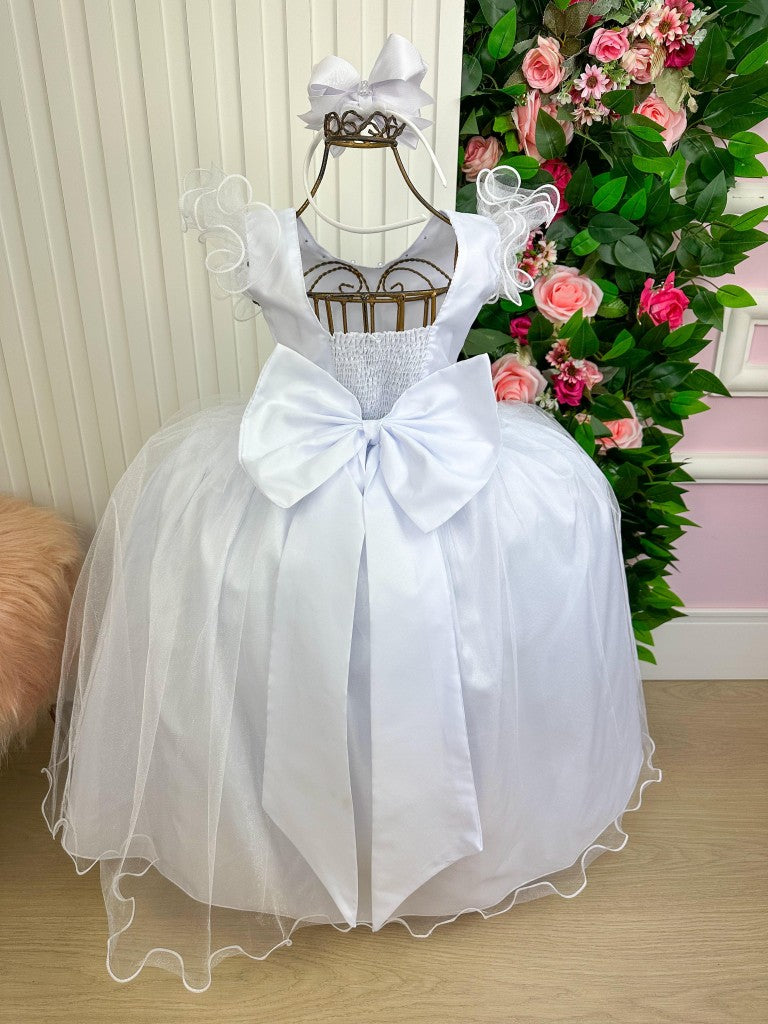 Vestido Longo Branco Amanda em Tule com Cinto de Pérolas