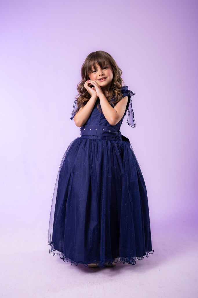 Vestido Infantil Azul Petróleo em Tecido Tafetá com Glitter