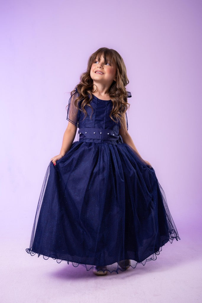 Vestido Infantil Azul Petróleo em Tecido Tafetá com Glitter