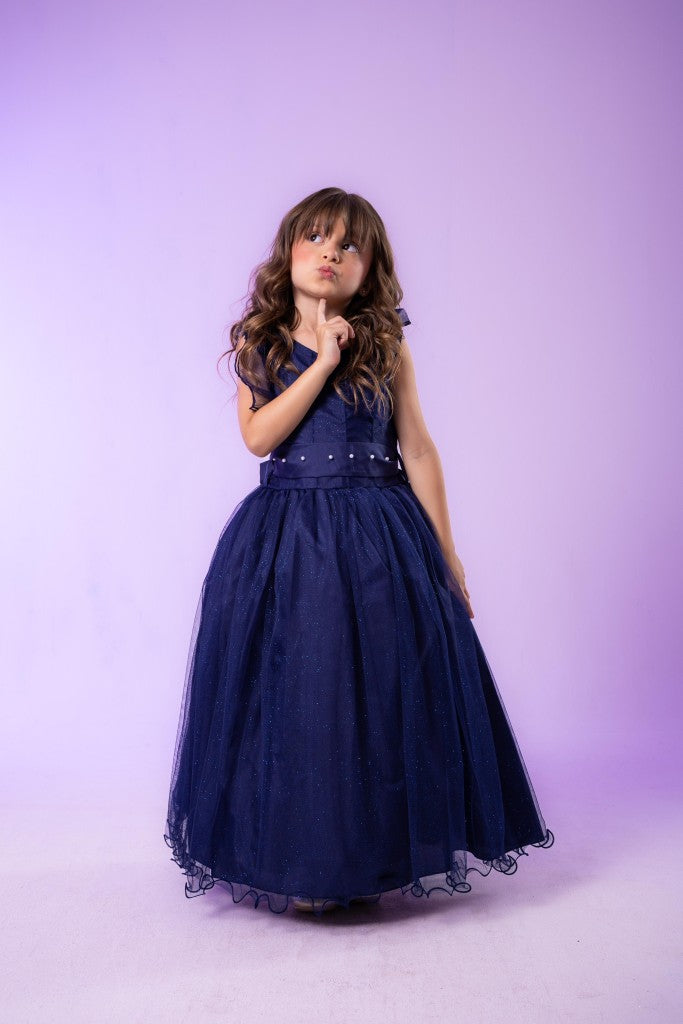 Vestido Infantil Azul Petróleo em Tecido Tafetá com Glitter