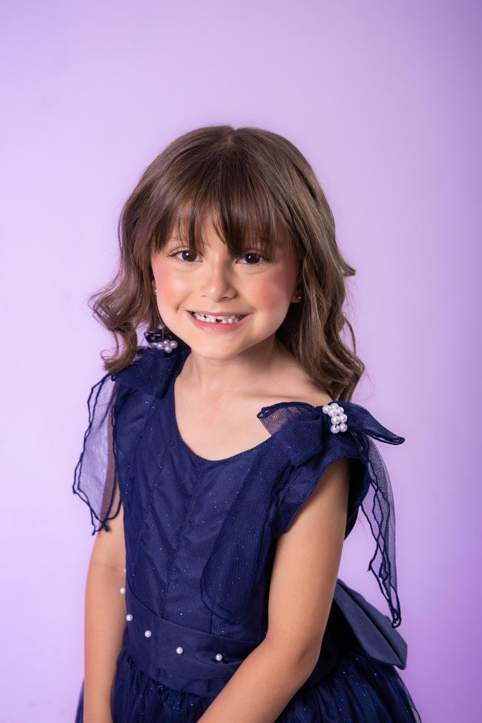 Vestido Infantil Azul Petróleo em Tecido Tafetá com Glitter