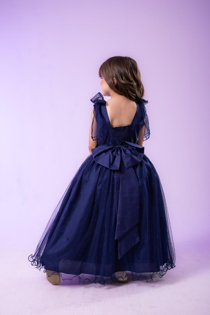 Vestido Infantil Azul Petróleo em Tecido Tafetá com Glitter