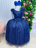 Vestido Infantil Azul Petróleo em Tecido Tafetá com Glitter