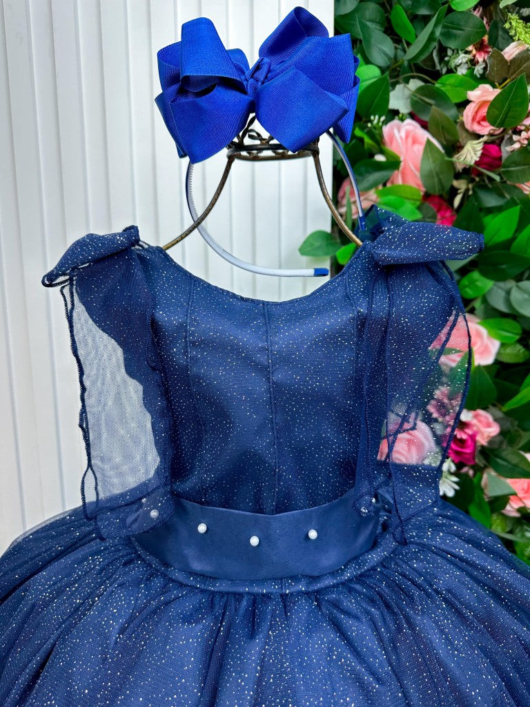 Vestido Infantil Azul Petróleo em Tecido Tafetá com Glitter