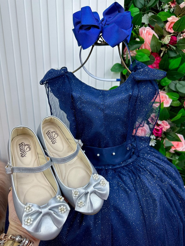 Vestido Infantil Azul Petróleo em Tecido Tafetá com Glitter