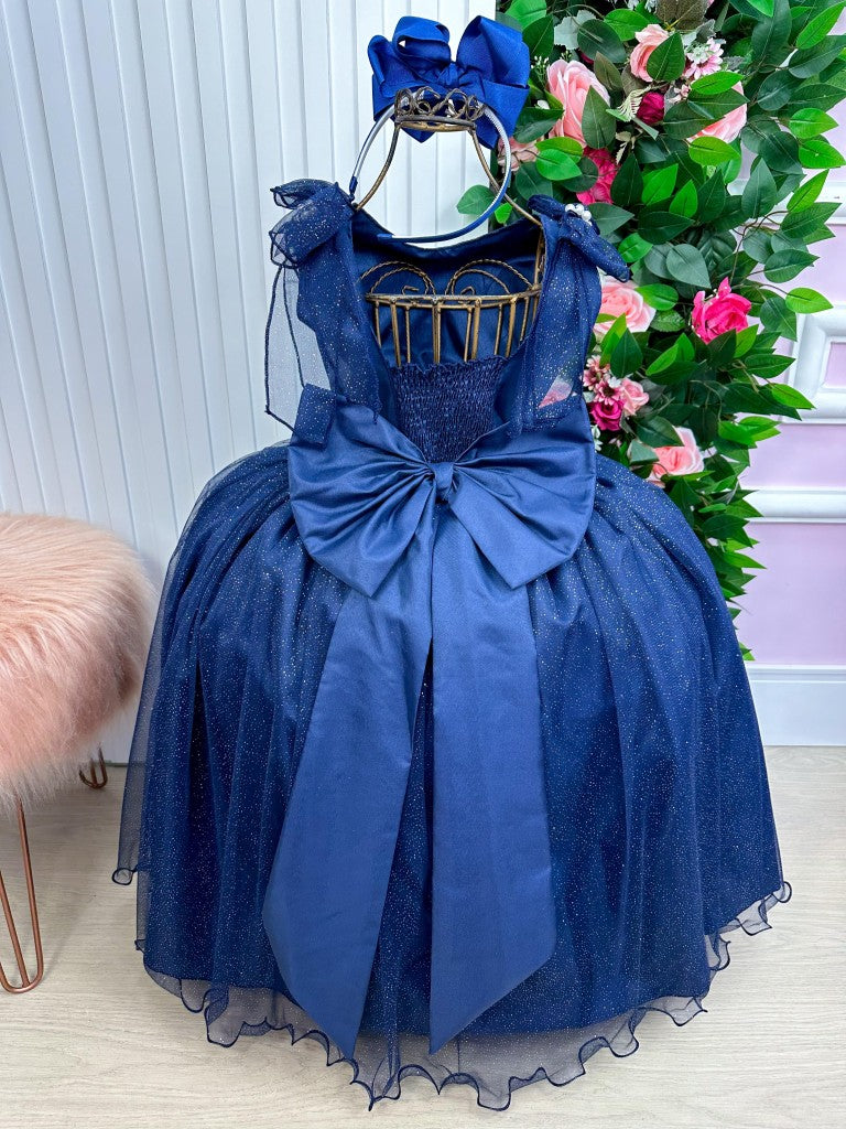 Vestido Infantil Azul Petróleo em Tecido Tafetá com Glitter