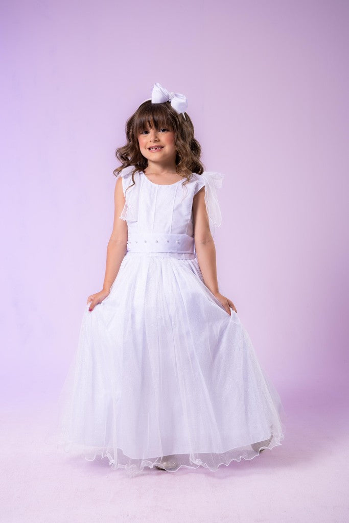 Vestido Infantil Branco de Tecido Tafetá com Glitter e Apliques de Strass