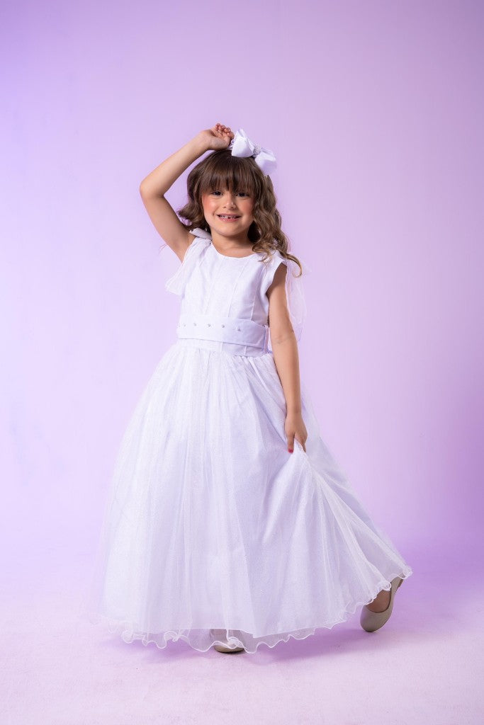 Vestido Infantil Branco de Tecido Tafetá com Glitter e Apliques de Strass