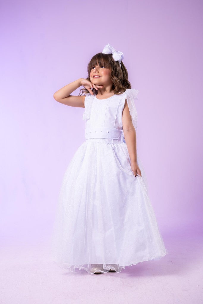 Vestido Infantil Branco de Tecido Tafetá com Glitter e Apliques de Strass