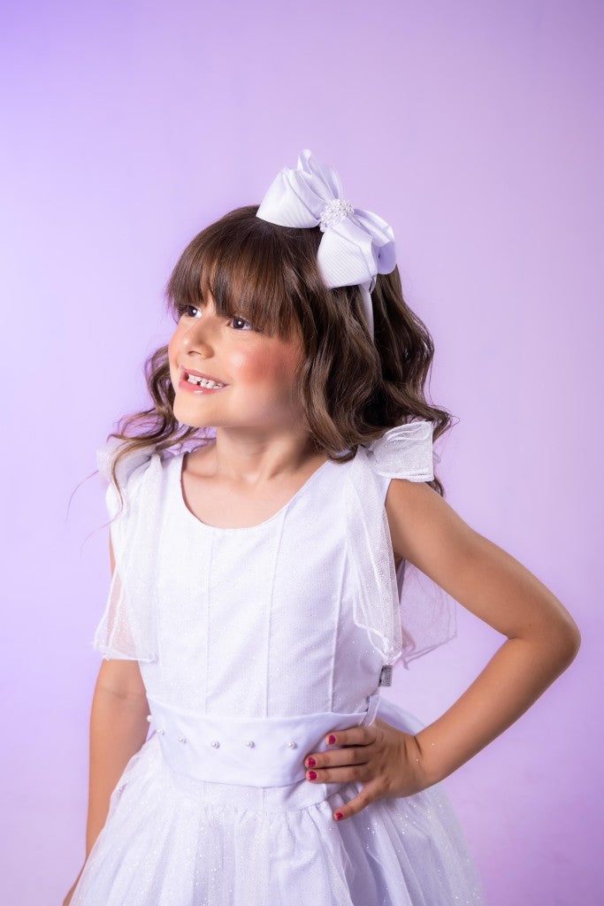 Vestido Infantil Branco de Tecido Tafetá com Glitter e Apliques de Strass