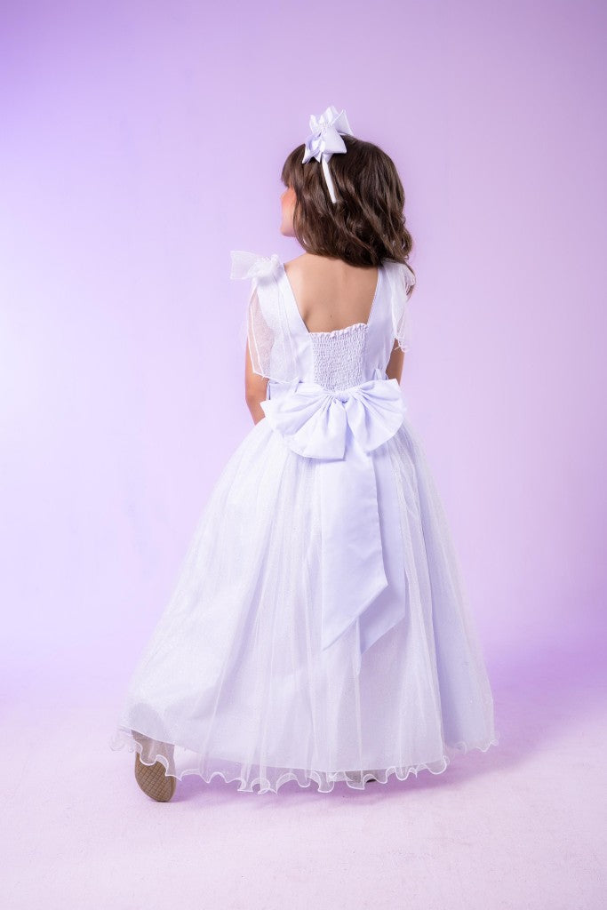 Vestido Infantil Branco de Tecido Tafetá com Glitter e Apliques de Strass