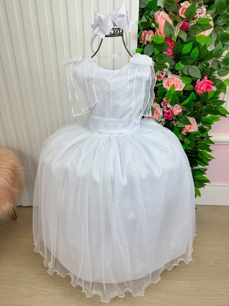 Vestido Infantil Branco de Tecido Tafetá com Glitter e Apliques de Strass