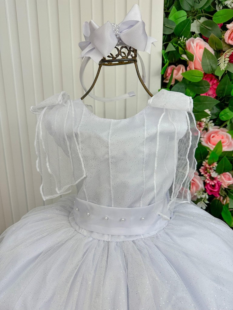 Vestido Infantil Branco de Tecido Tafetá com Glitter e Apliques de Strass
