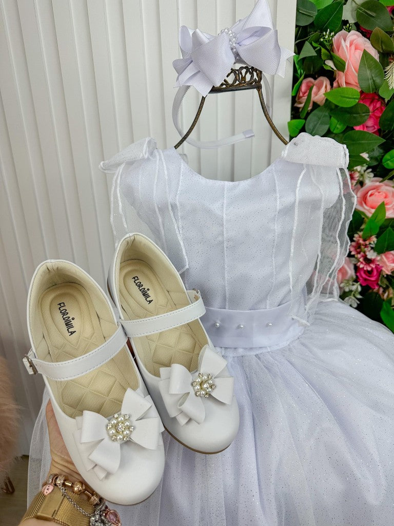 Vestido Infantil Branco de Tecido Tafetá com Glitter e Apliques de Strass