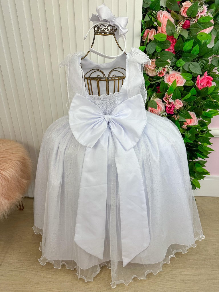 Vestido Infantil Branco de Tecido Tafetá com Glitter e Apliques de Strass