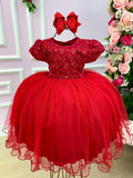 Vestido Infantil Vermelho em Tecido Tafeta com Laço e Forro Confortável
