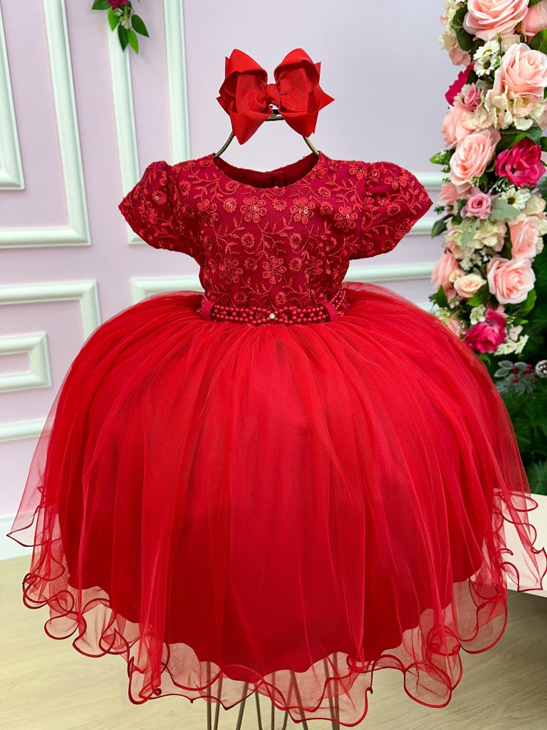 Vestido Infantil Vermelho em Tecido Tafeta com Laço e Forro Confortável