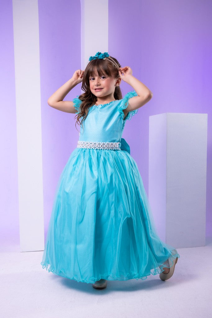 Vestido Longo Verde Tiffany com Detalhes em Tule e Cinto de Pérolas
